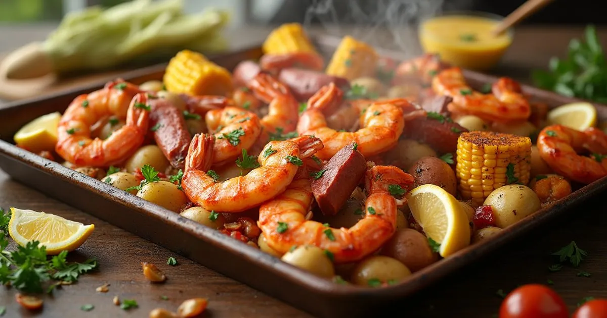 A delicious seafood bake featuring shrimp, clams, crab legs, Andouille sausage, corn on the cob, red potatoes, and garlic butter sauce, served on a rustic baking sheet with fresh parsley and lemon wedges.