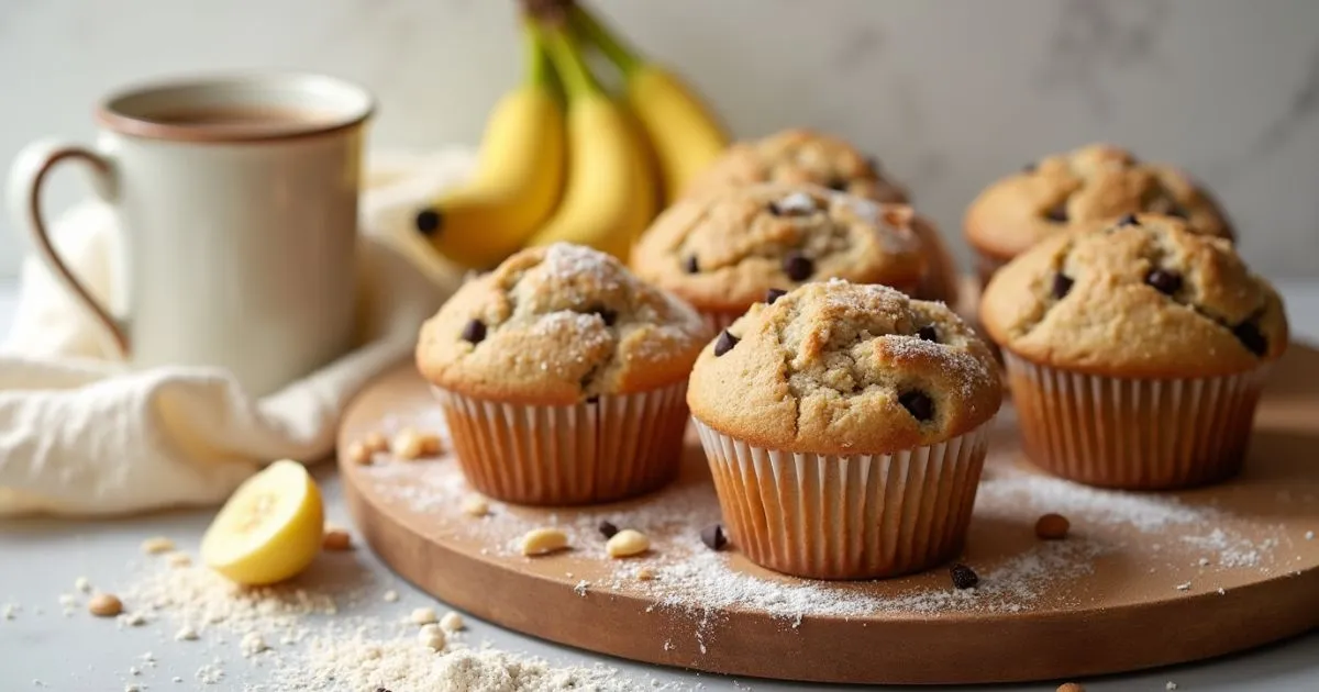 tray of freshly baked sourdough banana muffins with golden tops, placed on a wooden board alongside ripe bananas, chocolate chips, and a steaming mug of coffee.
