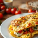 Delicious cottage cheese omelette served with fresh vegetables.